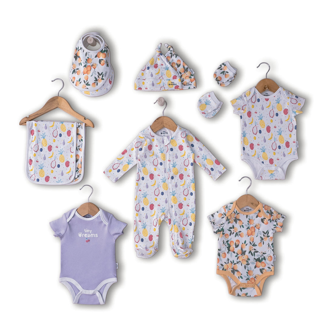 Tiny Dreams Little Fruits Newborn Baby Girl Layette Set | 12-Piece | Bodysuit, Sleepsuit, Bib, Cap, Mittens & Burp | White Fruits | 100% Organic Cotton | Layette Gift Set