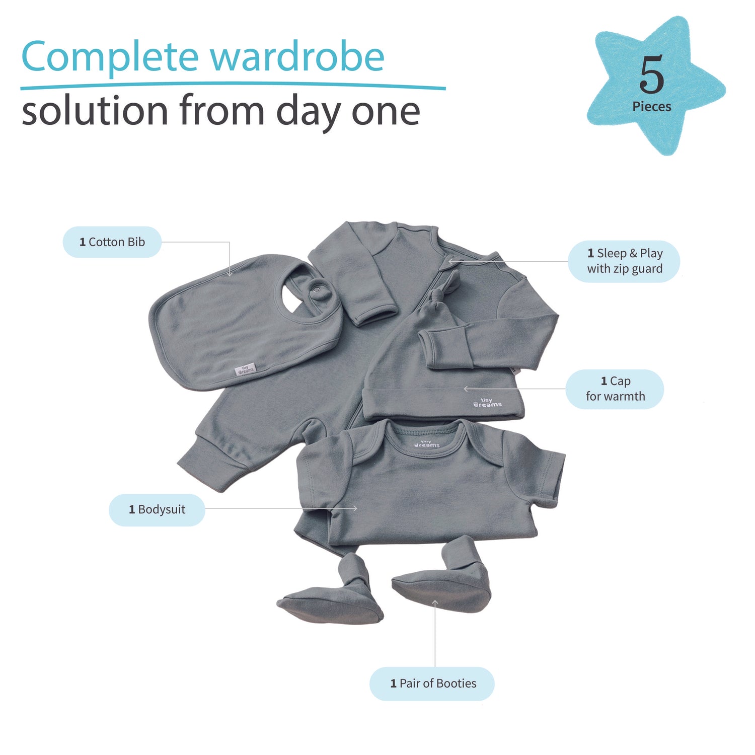 Bamboo Cotton Baby Boy Layette Set - 5 pcs SLATE GREY